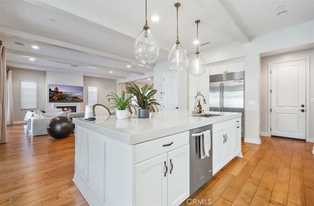 Fireplace, Interior, Kitchen, Living room, Pendant Lights, Recessed Lighting, Stainless Steel Appliances, Wood Texture Flooring