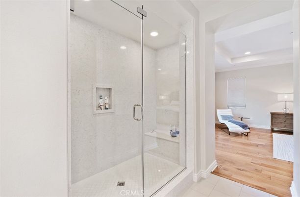 Bathroom, Glass Shower, Interior, Recessed Lighting, Wood Texture Flooring