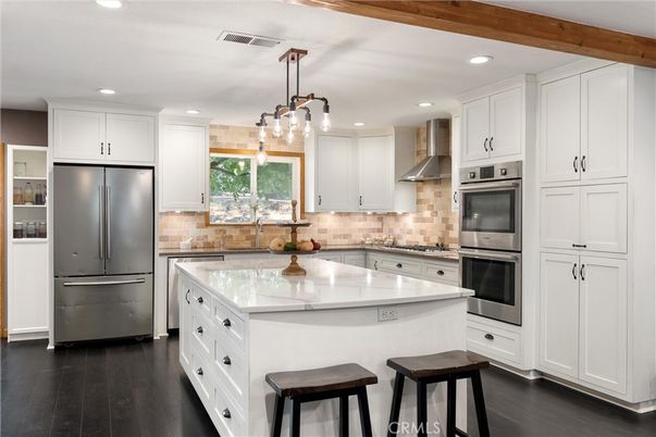 Interior, Kitchen, Pendant Lights, Recessed Lighting, Stainless Steel Appliances, Wooden Beams, Wood Texture Flooring