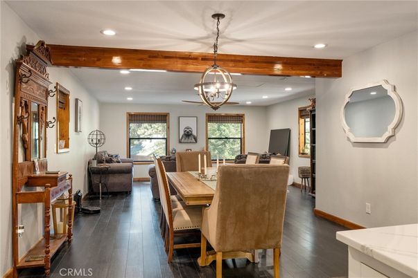 Dining room, Interior, Living room, Pendant Lights, Recessed Lighting, Wooden Beams, Wood Texture Flooring