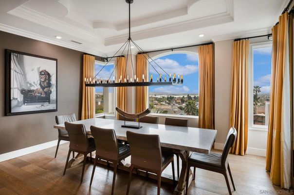 Dining room, Interior, Pendant Lights, Recessed Lighting, Wood Texture Flooring