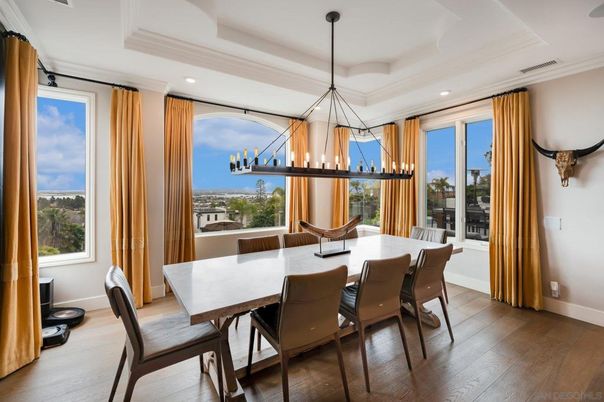 Dining room, Interior, Pendant Lights, Recessed Lighting, Wood Texture Flooring