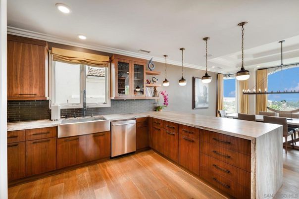 Dining room, Interior, Kitchen, Pendant Lights, Recessed Lighting, Stainless Steel Appliances, Wood Texture Flooring
