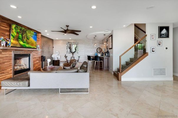 Chandelier, Dining room, Fireplace, Interior, Living room, Recessed Lighting, Stone Walls