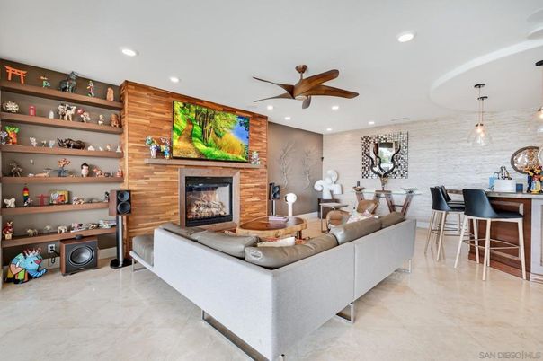 Fireplace, Interior, Living room, Pendant Lights, Recessed Lighting, Stone Walls, Wooden Walls