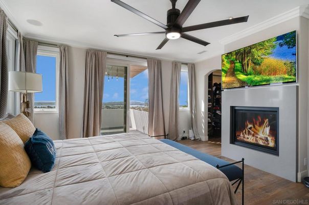 Bedroom, Fireplace, Interior, Water, Wood Texture Flooring