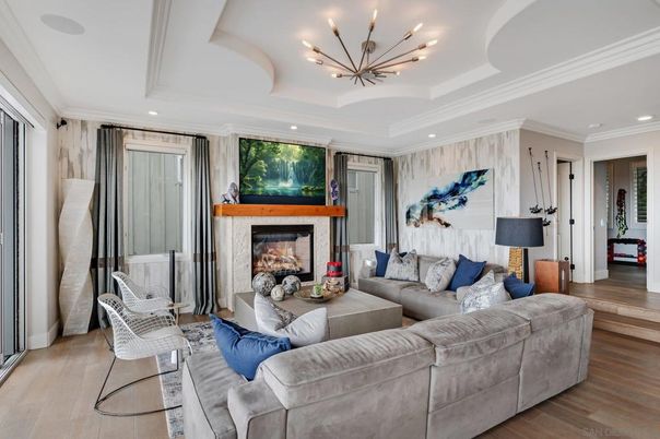 Fireplace, Interior, Living room, Pendant Lights, Recessed Lighting, Wood Texture Flooring