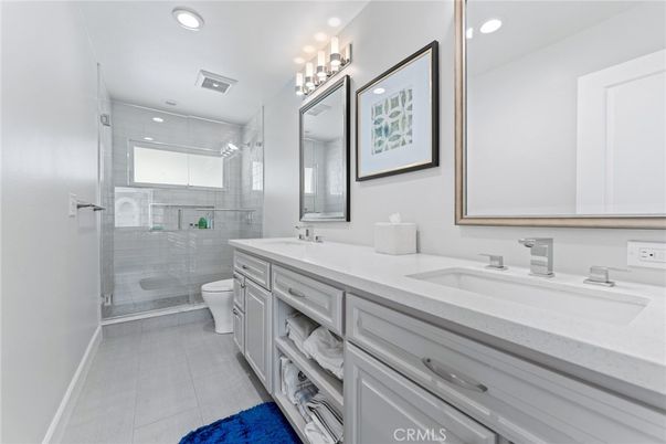 Bathroom, Dual Sink Vanities, Glass Shower, Interior, Recessed Lighting