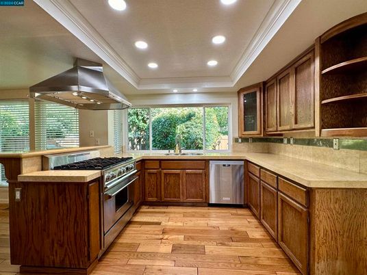 Interior, Kitchen, Recessed Lighting, Stainless Steel Appliances, Wood Texture Flooring