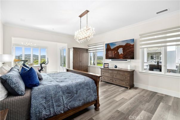 Bedroom, Chandelier, Fitness Equipment, Interior, Wood Texture Flooring