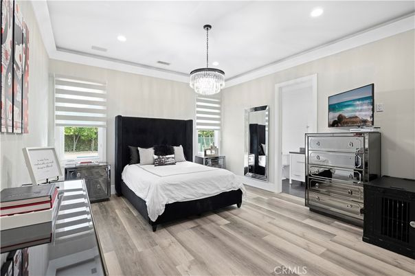 Bedroom, Chandelier, Interior, Recessed Lighting, Wood Texture Flooring