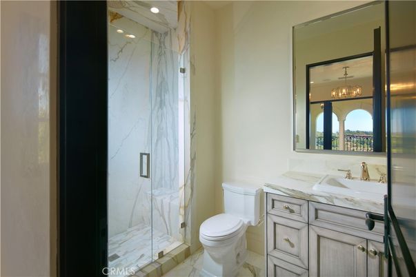 Bathroom, Glass Shower, Interior, Marble, Marble Walls, Recessed Lighting