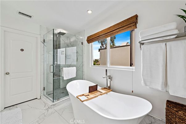 Bathroom, Free Standing Baths, Glass Shower, Interior, Marble, Marble Walls, Recessed Lighting