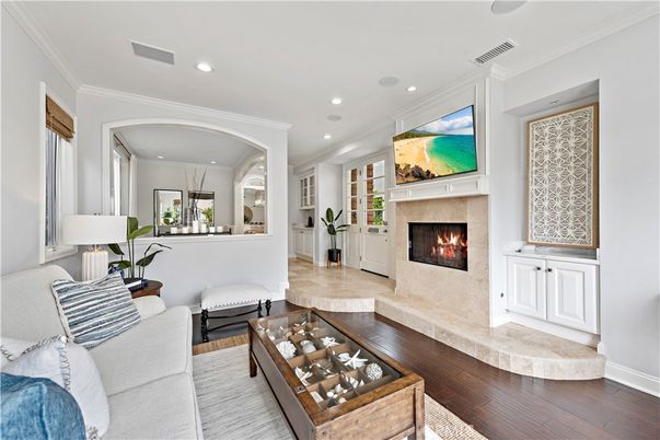 Fireplace, Interior, Living room, Recessed Lighting, Wood Texture Flooring