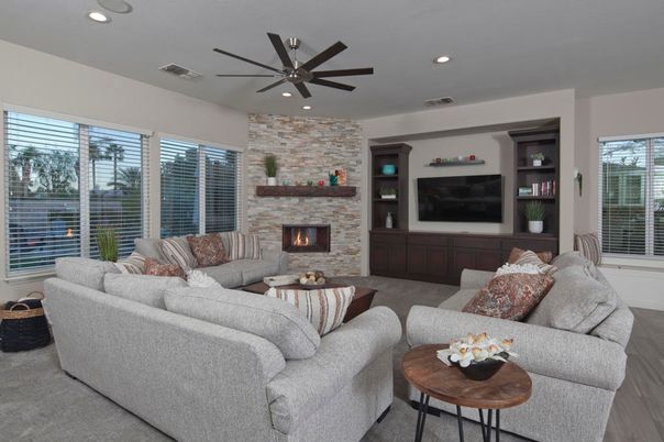 Fireplace, Interior, Living room, Recessed Lighting, Stone Walls