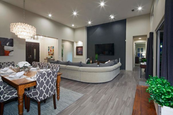 Chandelier, Dining room, Interior, Living room, Recessed Lighting, Wood Texture Flooring
