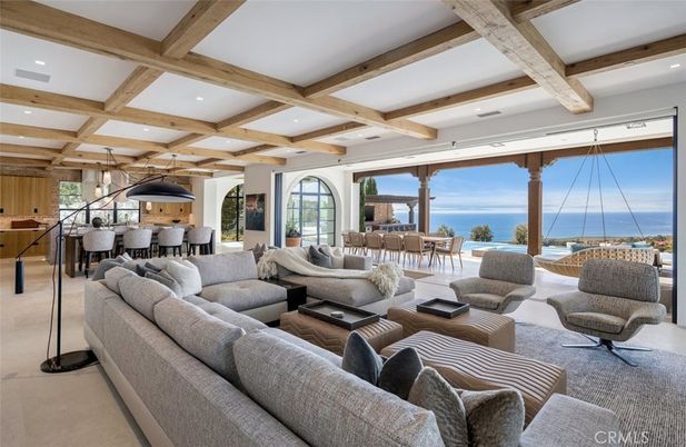 Dining room, Interior, Living room, Pendant Lights, Recessed Lighting, Water, Wooden Beams