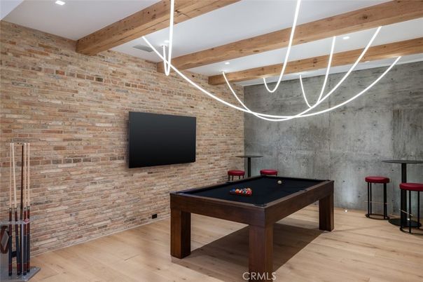 Billiard Table, Game Room, Interior, Recessed Lighting, Stone Walls, Wooden Beams, Wood Texture Flooring