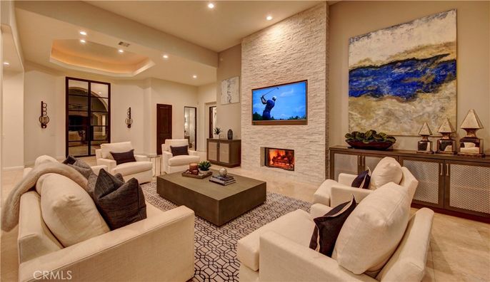 Fireplace, Interior, Living room, Recessed Lighting, Stone Walls