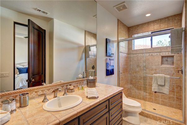 Bathroom, Glass Shower, Interior, Recessed Lighting, Tile Countertops