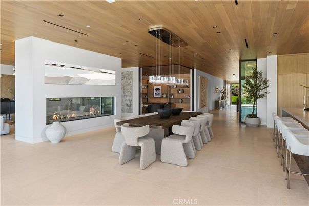 Dining room, Fireplace, Interior, Pendant Lights, Recessed Lighting, Wooden Ceilings