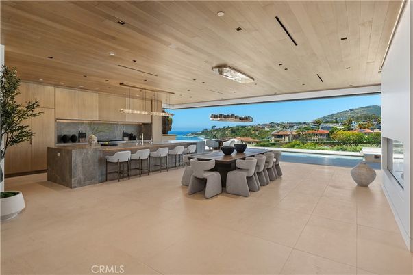 Dining room, Interior, Kitchen, Pendant Lights, Recessed Lighting, Water, Wooden Ceilings