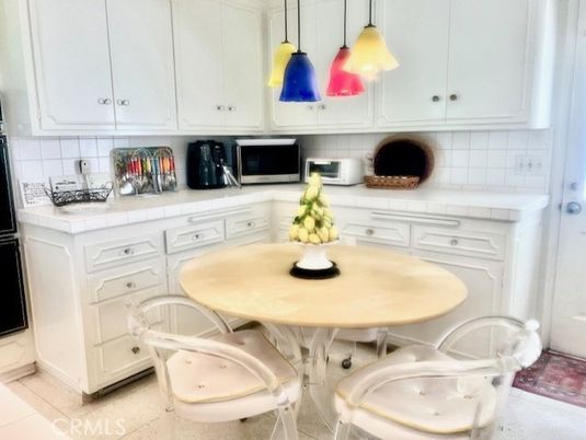 Dining room, Interior, Kitchen, Pendant Lights, Tile Countertops