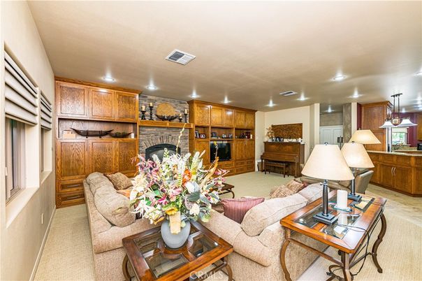 Fireplace, Interior, Living room, Pendant Lights, Recessed Lighting, Stone Walls