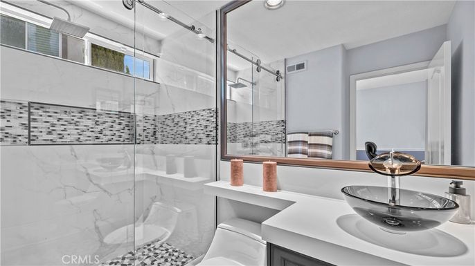 Bathroom, Glass Shower, Interior, Marble Walls, Recessed Lighting