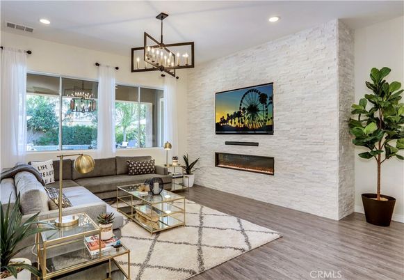 Fireplace, Interior, Living room, Pendant Lights, Recessed Lighting, Stone Walls, Wood Texture Flooring