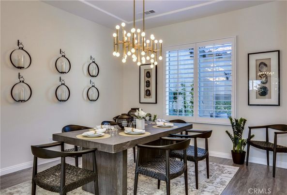 Dining room, Interior, Pendant Lights, Wood Texture Flooring