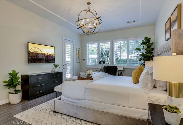 Bedroom, Chandelier, Interior, Pendant Lights, Wood Texture Flooring