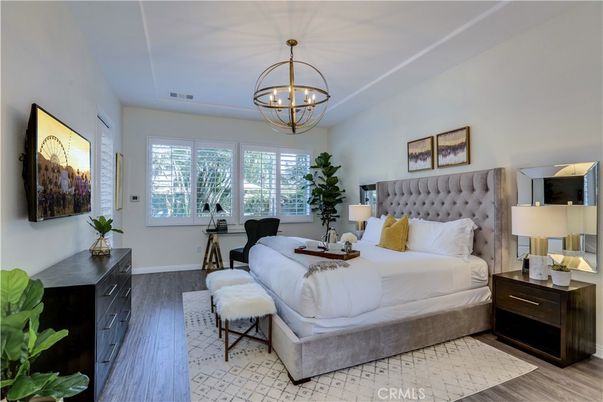 Bedroom, Chandelier, Interior, Wood Texture Flooring