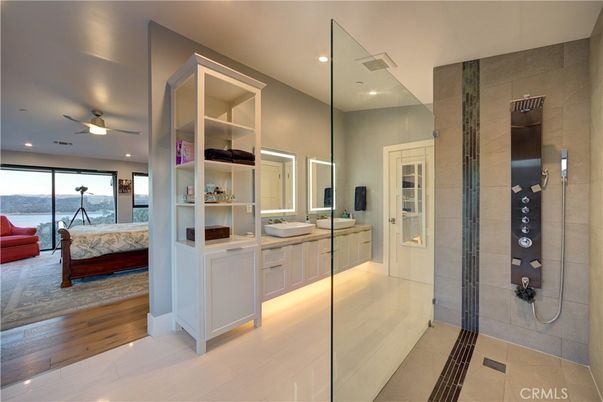 Bathroom, Bedroom, Glass Shower, Interior, Recessed Lighting, Wood Texture Flooring