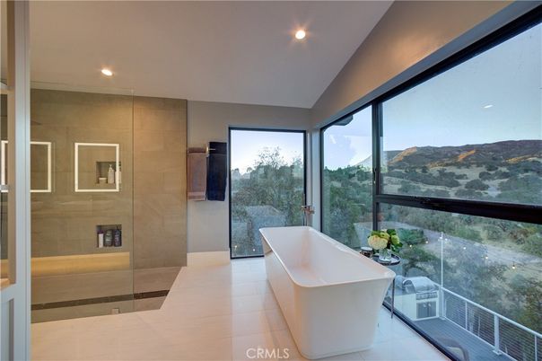 Bathroom, Free Standing Baths, Glass Shower, Interior, Recessed Lighting