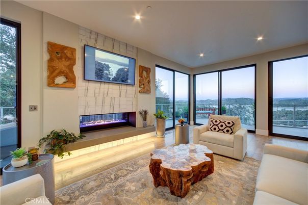Fireplace, Interior, Living room, Recessed Lighting, Wood Texture Flooring