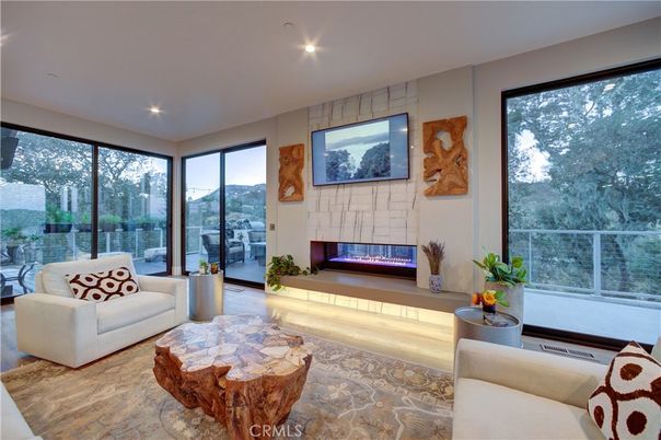 Fireplace, Interior, Living room, Recessed Lighting, Wood Texture Flooring