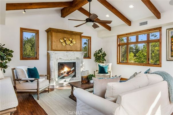 Fireplace, Interior, Living room, Recessed Lighting, Wooden Beams, Wood Texture Flooring