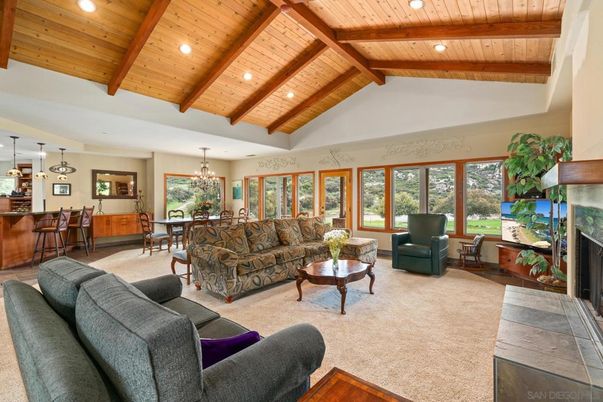 Chandelier, Dining room, Fireplace, Interior, Living room, Pendant Lights, Recessed Lighting, Wooden Beams, Wooden Ceilings