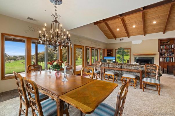 Chandelier, Dining room, Fireplace, Interior, Recessed Lighting, Wooden Beams, Wooden Ceilings