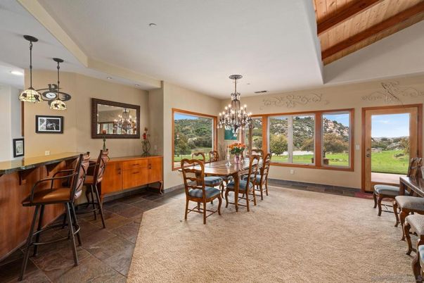 Chandelier, Dining room, Interior, Pendant Lights, Recessed Lighting, Wooden Beams