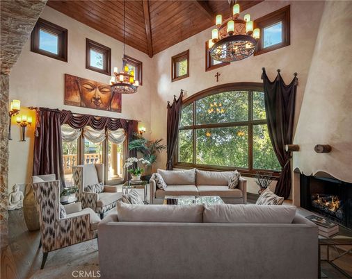 Chandelier, Fireplace, Interior, Living room, Wooden Ceilings