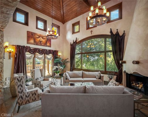 Chandelier, Fireplace, Interior, Living room, Wooden Ceilings