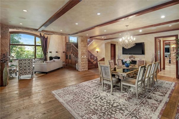 Chandelier, Dining room, Interior, Living room, Recessed Lighting, Wooden Beams, Wood Texture Flooring