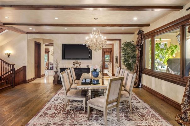 Chandelier, Dining room, Interior, Recessed Lighting, Wooden Beams, Wood Texture Flooring