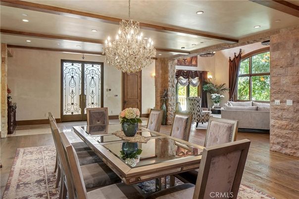 Chandelier, Dining room, Interior, Living room, Recessed Lighting, Wooden Beams, Wood Texture Flooring