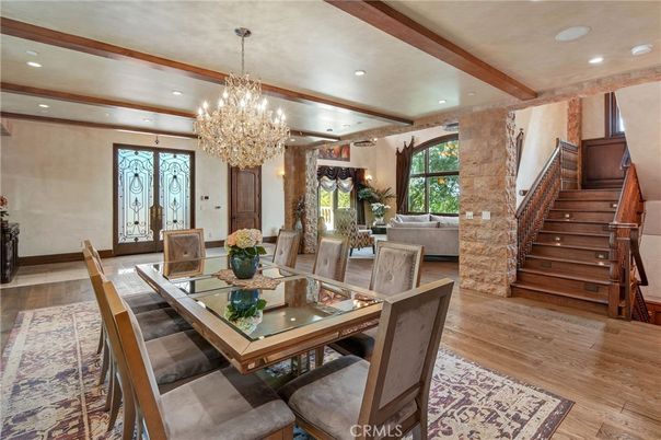 Chandelier, Dining room, Interior, Living room, Recessed Lighting, Wooden Beams, Wood Texture Flooring