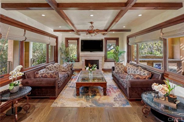 Fireplace, Interior, Living room, Recessed Lighting, Wooden Beams, Wood Texture Flooring