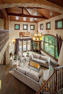 Chandelier, Interior, Living room, Wooden Beams, Wooden Ceilings, Wood Texture Flooring