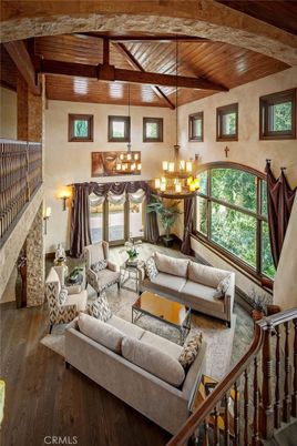 Chandelier, Interior, Living room, Wooden Beams, Wooden Ceilings, Wood Texture Flooring